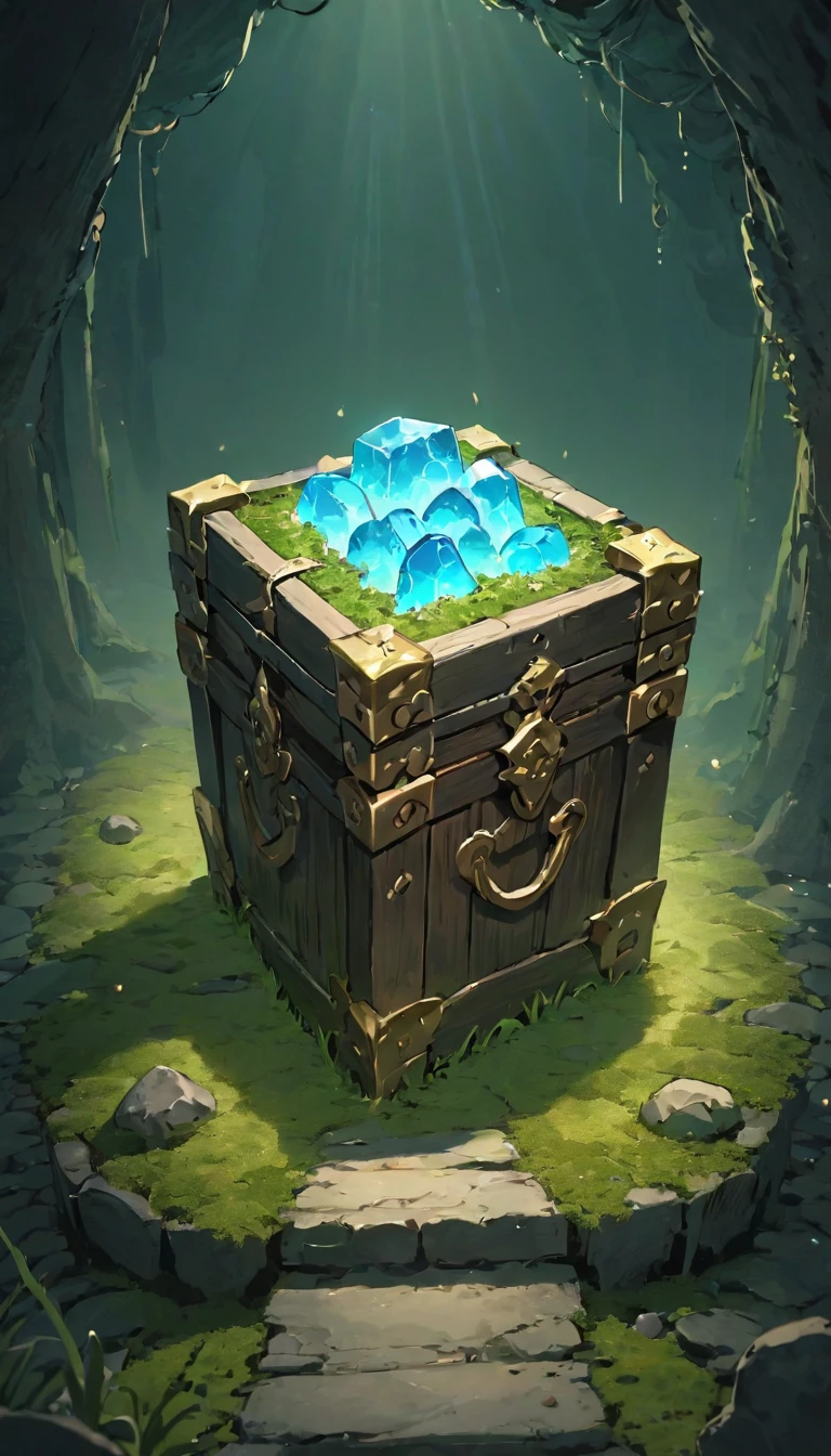 Highest quality、masterpiece、Highly detailed CG unit wallpaper、High resolution、RAW Photos、Very detailed、BREAK、dungeon of darkness、light moss、Blue glowing moss、The only light source is luminescent moss、Stone Dungeon、Wide promenade、BREAK、行き止まりにあるTreasure Chest、煌びやかなTreasure Chest、豪華絢爛Treasure Chest、danger、Treasure Chest、発光しているTreasure Chest、