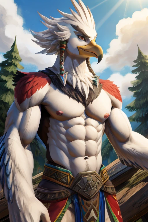 zelda breath of the wild,You,male,Birdman,aldult,Solitary,4K,Best quality,White fur,Looking at the audience,Slim body,bird tail,Upper body exposed,Bare chest,Hairy chest,Pink ,Six-pack abs, Biceps,Anatomically correct,Delicate fur,pride,Soft shadows,Majestic and detailed face,High quality eyes,Brown eyes,Black pupil,,Grandiose,brave,Confident smile,Strong,Mature,ky and white clouds,forest