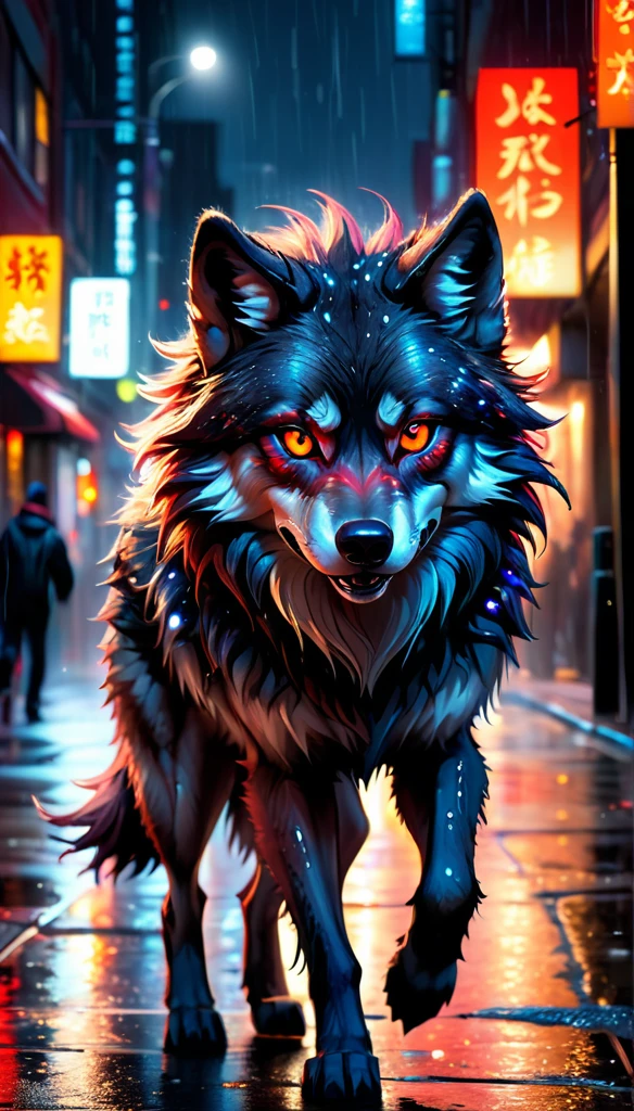 (better detailing, high qualiy), furry wolf, walking around the city, (natta, glittering lights, urban environment), (dynamic framing, fierce expression, Messy hair), (eerie glowing red eyes, detailed coat), (colored spots, wet streets), (focal point on the wolf&#39;s head), (bright focus in the eyes).