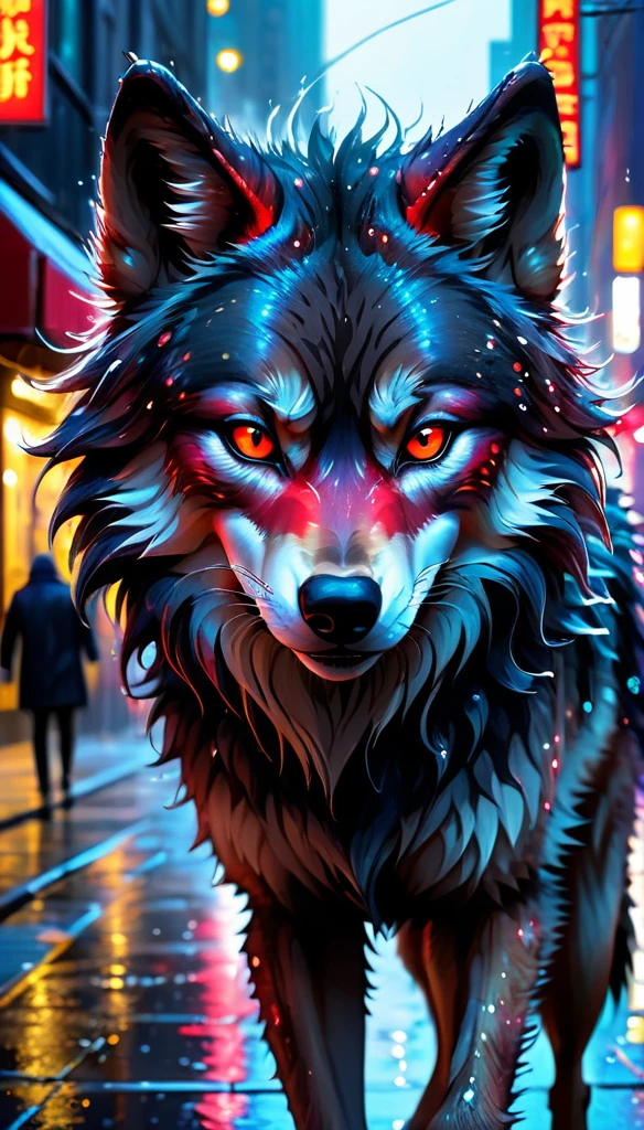 (better detailing, high qualiy), furry wolf, walking around the city, (natta, glittering lights, urban environment), (dynamic framing, fierce expression, Messy hair), (eerie glowing red eyes, detailed coat), (colored spots, wet streets), (focal point on the wolf's head), (bright focus in the eyes).
