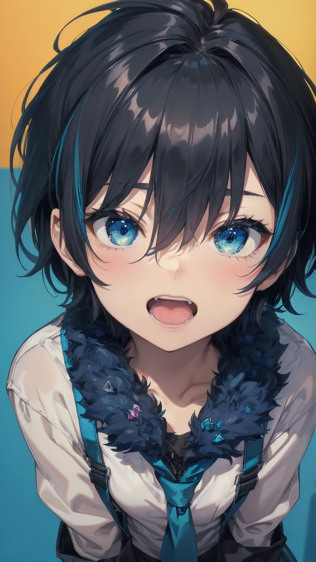 Close-up of a cartoon girl with blue hair and a yellow shirt, 2D Animation, 2D Animation style, 2D Art, 2D Art, 2D from Gorillaz, 2D from Gorillaz, 2D Gorillaz, Screaming Cerket, 2D Sprites, Jinx Face, short hair, hot pants, Small breasts, ((Black Hair, Bright blue fur inside:1.4))
