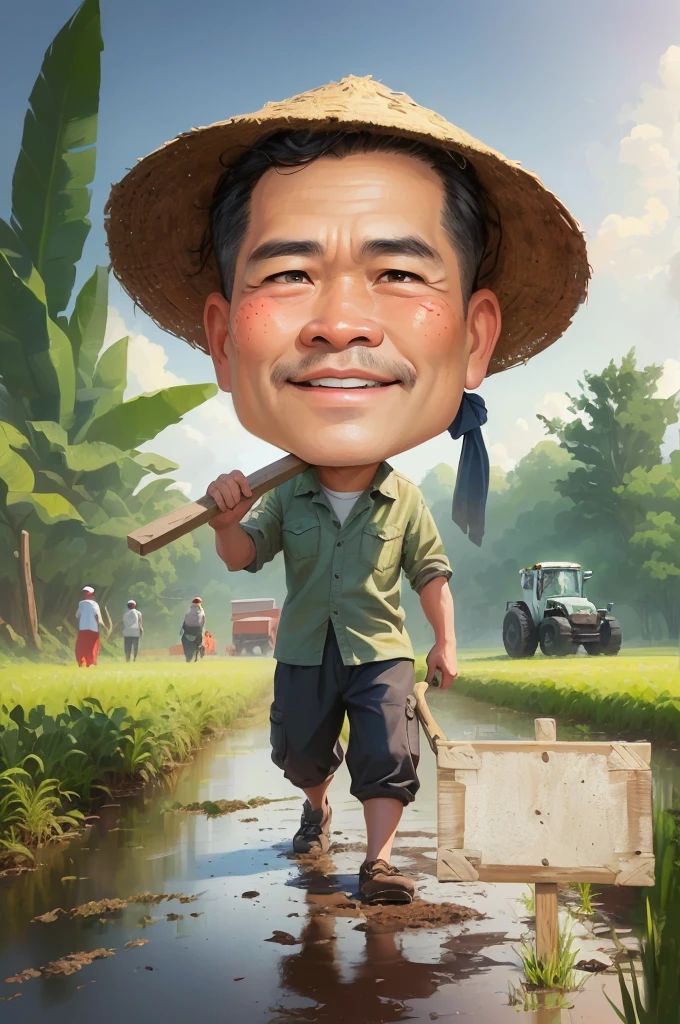 cartoon man walking in a muddy field with Bring a hoe, With a wooden plank stuck in front of him, caricature illustration, farmer, caricature style, japanesse farmer, cartoon portrait, caricature, cartoon digital painting, caricature!!!, south east asian with round face, cartoon artstyle, potrait, cartoon digital art, digital cartoon painting art, do hoang tuong artwork, big head