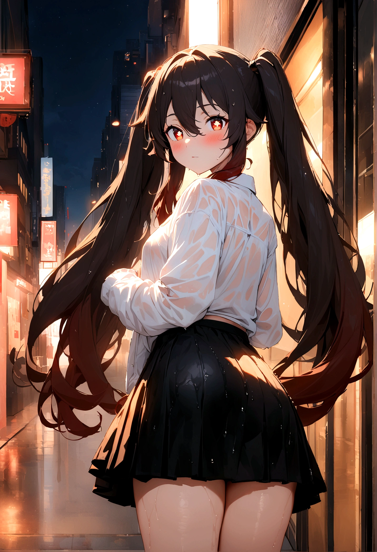 artwork, Better Quality, Hu Tao V4, 1 girl, alone, blush, Twin tails, Long Hair, Hair between the eyes, Big Ass, ((Streetwear)),Wet clothes, Short skirt, city, Outdoor, night, 8K 非常に詳細, Sophisticated, High resolution, super high quality, Cinema Lighting, Ambient Occlusion, High resolution, 2k, 4K, 8K, 16K, Highly detailed anime, Detailed face, Perfect composition, Wide Plan, Atmospheric lighting, Lift skirt
