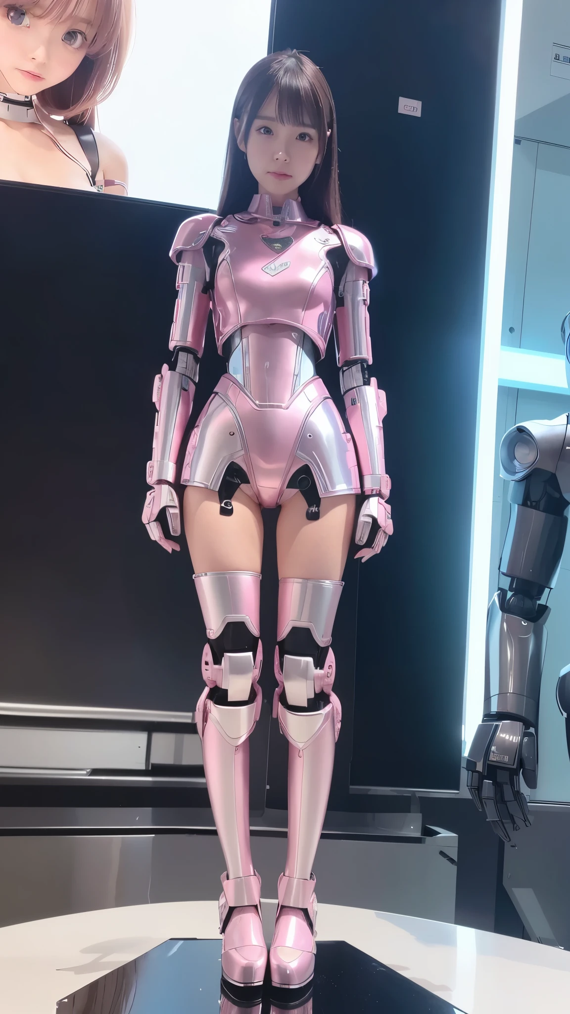 Robot Girl, pink, Silver, Metallic body, Robot Parts, Metal Parts, Super Detailed Face, Super well-formed face, of the highest quality, a small face, a small head, Brown hair, Slender body, Camera gaze, Internal Mechanical Exposure, Idol, front facing, Well-proportioned body, sale, Exhibited, Event Hall, Moe Pose, pink metallic Lolita dress machine armor, Standing with legs open, Model body type, sad, Embarrassing,(Perfect Robot Girl),(Perfect machine body)