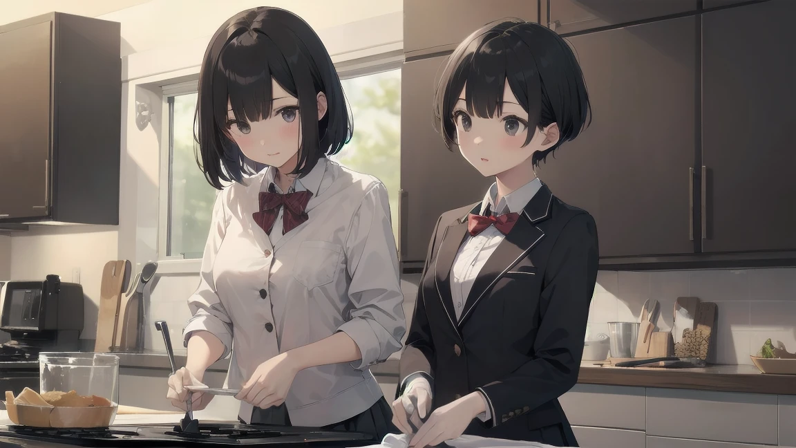 In one girl、fun、High school blazer with popular design、shirt、pleated skirt、white skirt、(small breasts ) en clase,black short hair, black eyes, lazo color rojo, clase de cocina, cocinando