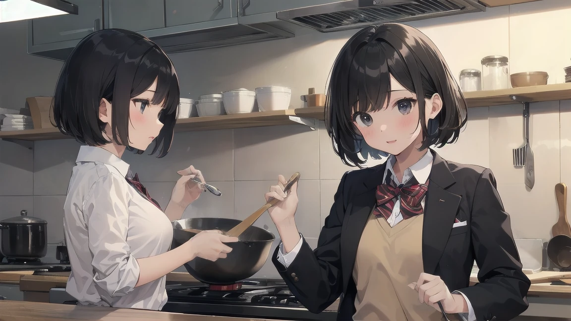 In one girl、fun、High school blazer with popular design、shirt、pleated skirt、white skirt、（small breasts ) en clase,black short hair, black eyes, lazo color rojo, clase de cocina, cocinando