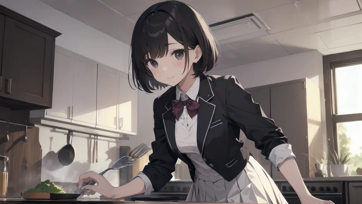 In one girl、fun、High school blazer with popular design、shirt、pleated skirt、white skirt、(small breasts ) en clase,black short hair, black eyes, lazo color rojo, clase de cocina, cocinando