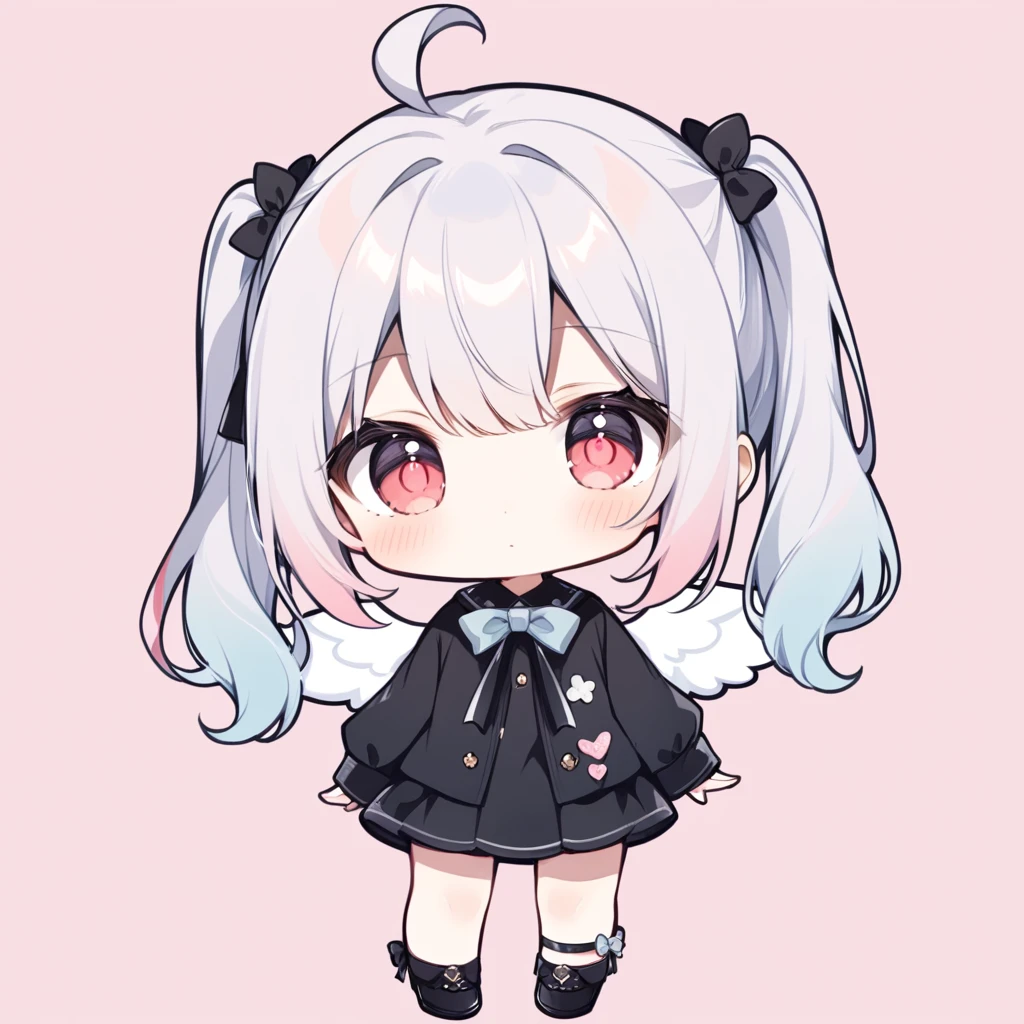 pastel colors, chibi, (little angel:1.5), 1girl, red eye, twin tails, silver hair, ahoge, black ribbon, black dress