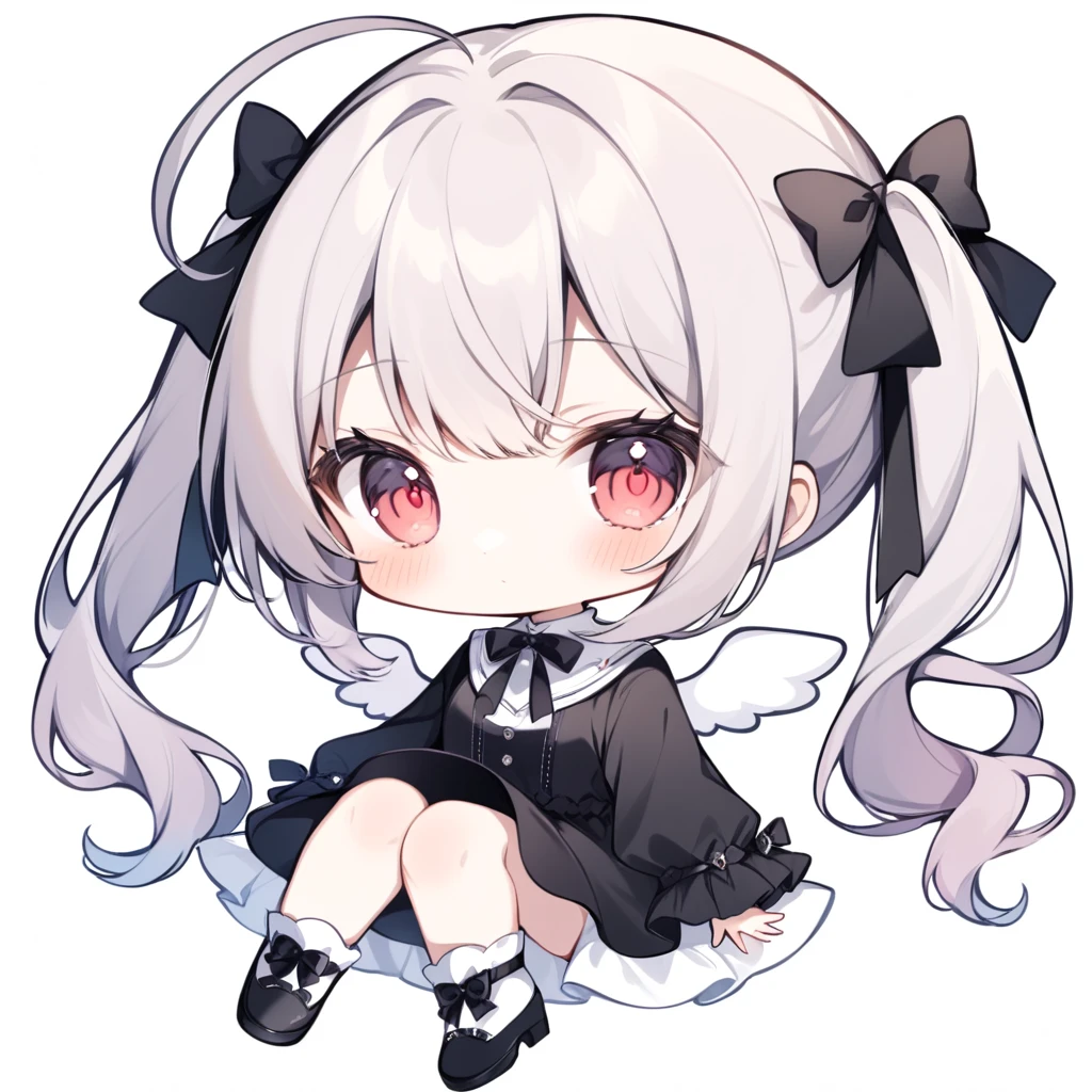 pastel colors, chibi, (little angel:1.5), 1girl, red eye, twin tails, silver hair, ahoge, black ribbon, black dress