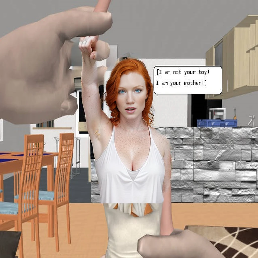 photograph of a beautiful redheaded mother who is scared, talking, caucasian, green eyes, red hair, best quality, photorealism, arm raised, smooth armpits, tank top, milf, waving, arm raised, giant hands,