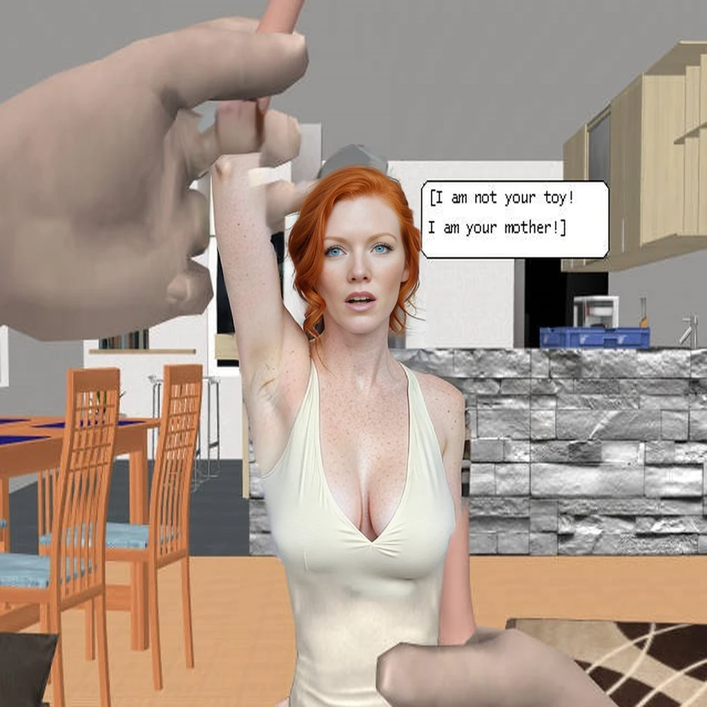 photograph of a beautiful redheaded mother who is scared, talking, caucasian, green eyes, red hair, best quality, photorealism, arm raised, smooth armpits, tank top, milf, waving, arm raised, giant hands,
