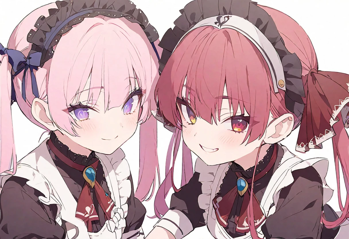delicate、masterpiece、Highest quality、2 peopleの女の子、2 peopleだけ、2 people、virtual、Aquamarine、cute、(((Houshou Marine,cute、Redhead、Twin tails,distinct eyes,The left eye is yellow and the right eye is red.,Haveは無し)))、(((minato akua、cute、Light blue and pink hair、低い位置にTwin tails、Maid-style clothes、Have)))、White Background、Flat Color、sketch