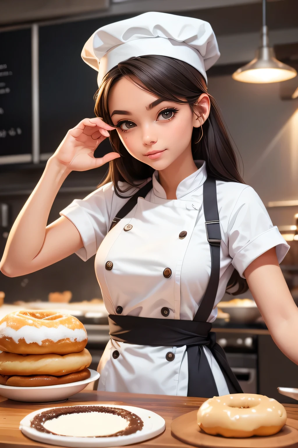 Woman, chef outfit, chef hat, making donuts