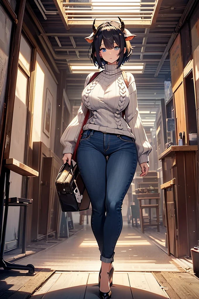 ((Anime Art Style)),(masterpiece),(Best Quality), (Super Detail),(Highly detailed CG Unity 8k wallpaper),((Very delicate and beautiful)),(Full body portrait),((mature woman)), ((black hair)), ((short hair)), (Gigantic Breasts), (thick woman) , monster girl, cow girl, ((cow horns)), (((white horns))), ((cow ears instead of human ears)), ((cow tail)), ((Blue Eyes)),expressive eyes, ((perfect blue eyes)), ((detailed eyes)), perfect face, white skin, (((fully closed sweater))), ((high heels)), ((comfy jeans)), ((standing up straight with legs apart)), standing up, legs apart, full body image
