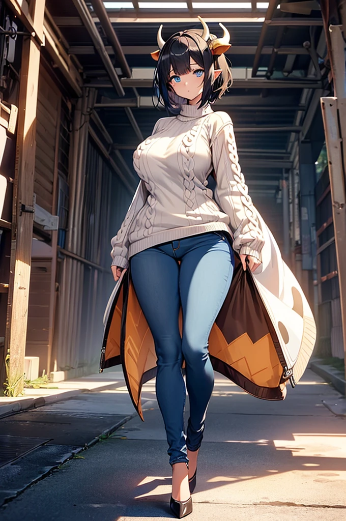 ((Anime Art Style)),(masterpiece),(Best Quality), (Super Detail),(Highly detailed CG Unity 8k wallpaper),((Very delicate and beautiful)),(Full body portrait),((mature woman)), ((black hair)), ((short hair)), (Gigantic Breasts), (thick woman) , monster girl, cow girl, ((cow horns)), (((white horns))), ((cow ears instead of human ears)), ((cow tail)), ((Blue Eyes)),expressive eyes, ((perfect blue eyes)), ((detailed eyes)), perfect face, white skin, (((fully closed sweater))), ((high heels)), ((comfy jeans)), ((standing up straight with legs apart)), standing up, legs apart, full body image