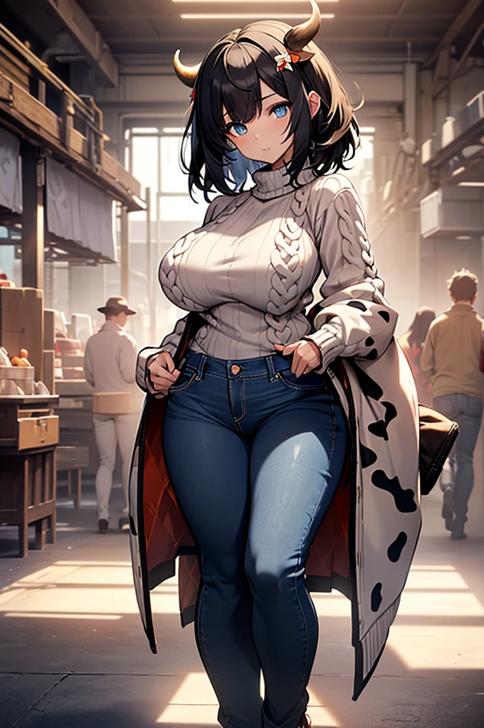 ((Anime Art Style)),(masterpiece),(Best Quality), (Super Detail),(Highly detailed CG Unity 8k wallpaper),((Very delicate and beautiful)),(Full body portrait),((mature woman)), ((black hair)), ((short hair)), (Gigantic Breasts), (thick woman) , monster girl, cow girl, ((cow horns)), (((white horns))), ((cow ears instead of human ears)), ((cow tail)), ((Blue Eyes)),expressive eyes, ((perfect blue eyes)), ((detailed eyes)), perfect face, white skin, (((fully closed sweater))), ((high heels)), ((comfy jeans)), ((standing up straight with legs apart)), standing up, legs apart, full body image