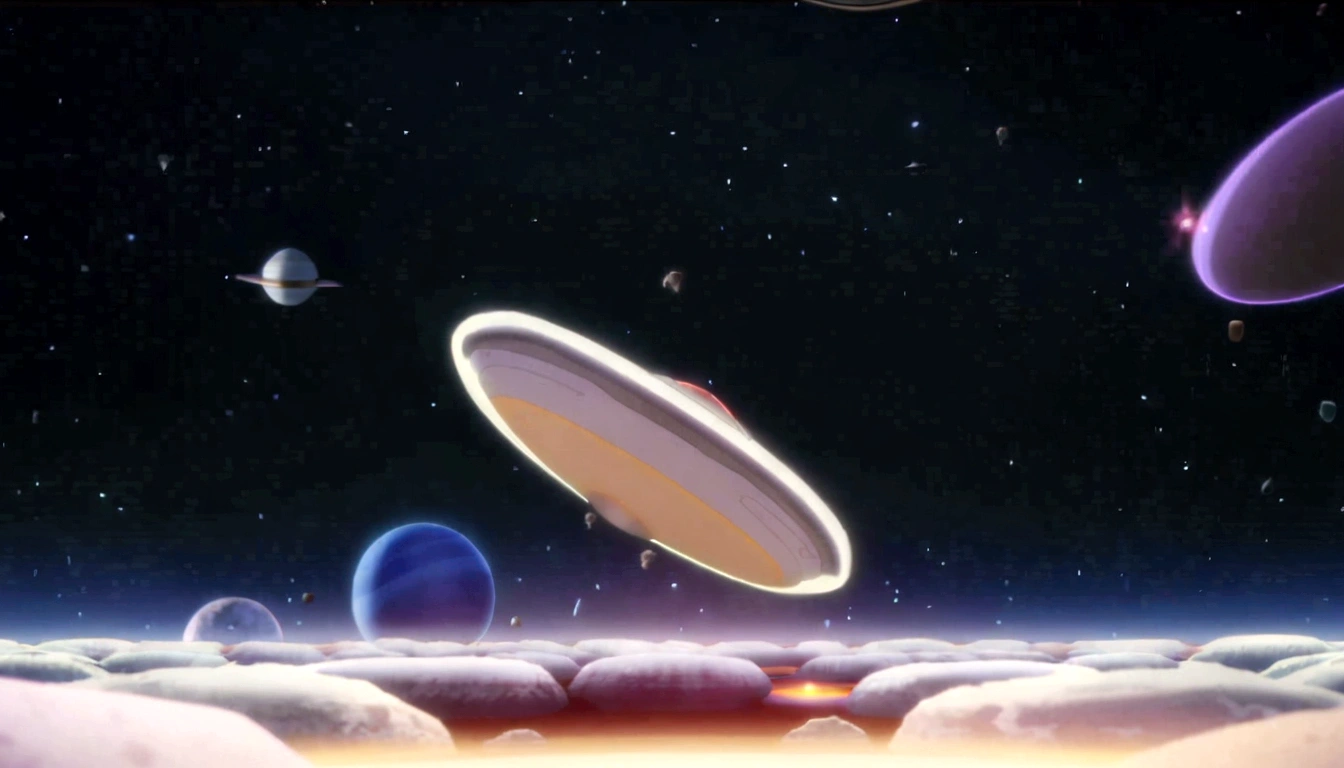 there is a picture of a group of rocks in the air, spores floating in the air, cell animation, depicted as a scifi scene, animation film still, floating planets, glowing spores flying, animation still screencap, scientific depiction, scene from starship, ringed planet in the sky, of a ufo propulsion system, flying saucers, saturn in the sky