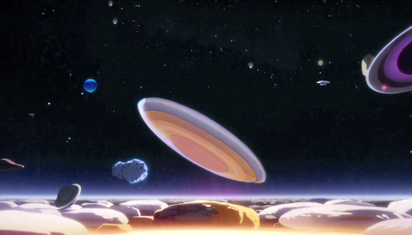 there is a picture of a group of rocks in the air, spores floating in the air, cell animation, depicted as a scifi scene, animation film still, floating planets, glowing spores flying, animation still screencap, scientific depiction, scene from starship, ringed planet in the sky, of a ufo propulsion system, flying saucers, saturn in the sky