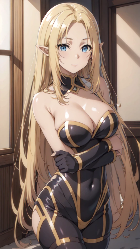 (Upper Body:1.3),(masterpiece:1.4),Medium Shot,anime,masterpiece,gravure, 8K,Realistic, Beautiful woman,An elegant and mature elven woman, Elf Ears,blue eyes, Place your arms behind your head,(美的animeの目:1.4),Large Breasts,blonde, Black bodysuit, smile,Beautiful breasts,(8K resolution:1.4), High quality CG, Beautiful CG, Soft Light,View your audience,(24-years-old),