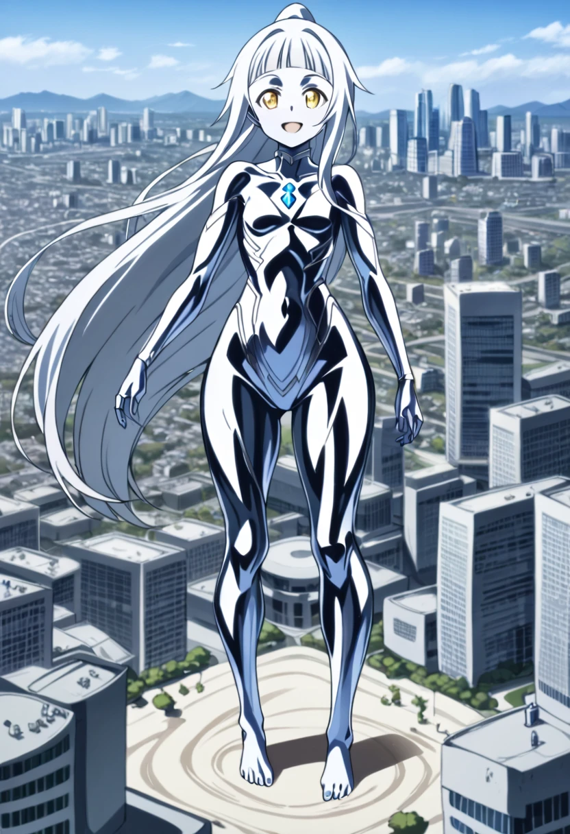 1girl, solo, anime style, 4k quality, masterpiece, best quality, sword art online, yui, long hair, blunt bangs, white hair, very long hair, high ponytail, barefoot, ultrawoman, robot, colored skin, glowing eyes, yellow eyes, flat chest, giantess, giant, metallic face, metallic skin, shiny skin, chrome skin, chrome face, gem on chest, colour timer on chest, chest jewel, blue jewel, muscular, thick_thighs, looking at viewer, full body, smile, open mouth, standing, giantess, outdoor, city, citycape, skyscrapers, ral-chrome