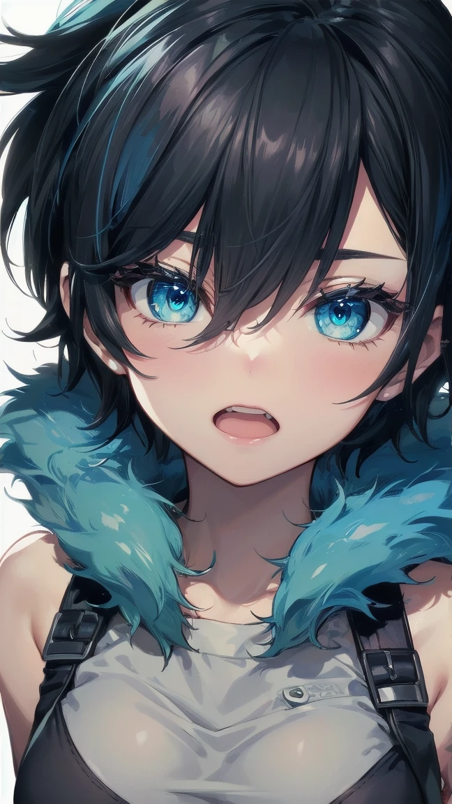 Close-up of a cartoon girl with blue hair and a yellow shirt, 2D Animation, 2D Animation style, 2D Art, 2D Art, 2D from Gorillaz, 2D from Gorillaz, 2D Gorillaz, Screaming Cerket, 2D Sprites, Jinx Face, short hair, hot pants, Small breasts, ((Black Hair, Bright blue fur inside:1.4))