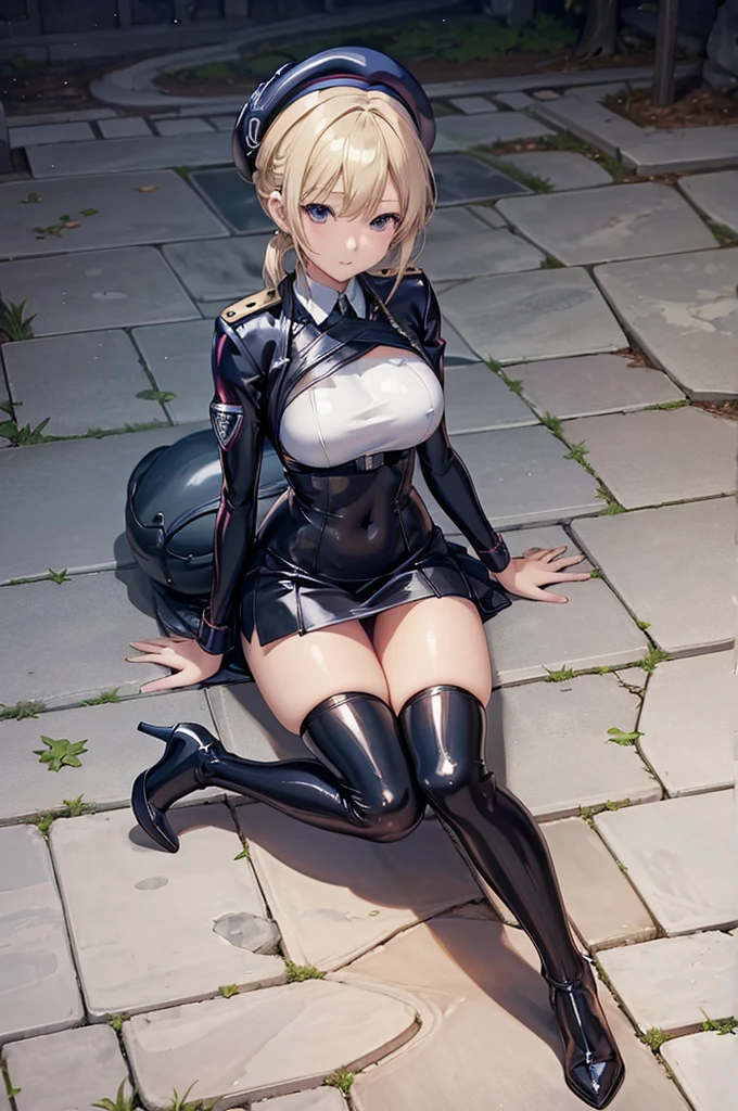 Anime-style image of a woman in a short latex uniform sitting on a cobblestone sidewalk, Anime drawing by Shitao, pixiv Contest Winner, Fantasy art, , Beautiful anime girl crouching, a Surreal , Anime girl crouching, Enchanting anime girl, Surreal , Lori、High heels、Panty shot、beret、