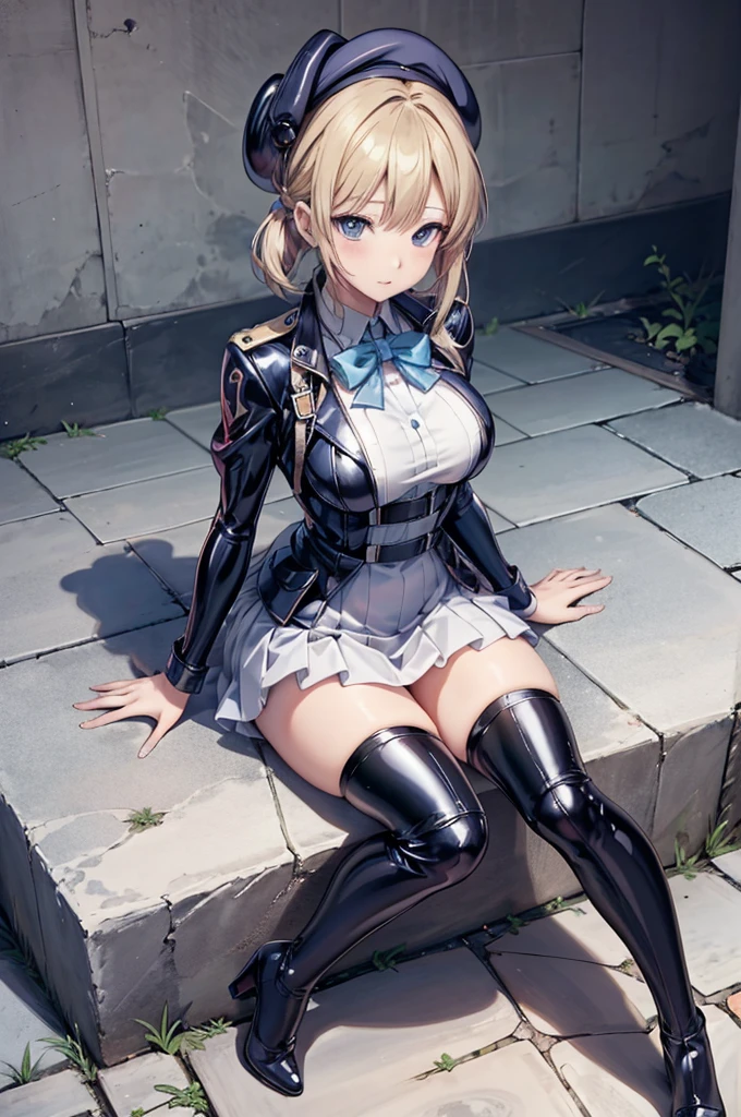 Anime-style image of a woman in a short latex uniform sitting on a cobblestone sidewalk, Anime drawing by Shitao, pixiv Contest Winner, Fantasy art, , Beautiful anime girl crouching, a Surreal , Anime girl crouching, Enchanting anime girl, Surreal , Lori、High heels、Panty shot、beret、