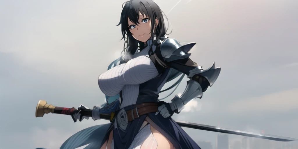 yukinoshita yukino, long hair, black hair, grey eyes, makeup, curvy, anatomically correct, heavy breathing, huge breasts, sword, weapon, 1girl, solo, armor, long_hair, sheath, breasts, hand_on_hip, belt, large_breasts, grey_background, shoulder_armor, pauldrons, gloves, holding, (shaded face:1.2), hollow eyes, grey eyes, looking at viewer, seductive smile, mole under mouth, makeup, lips, sweating,