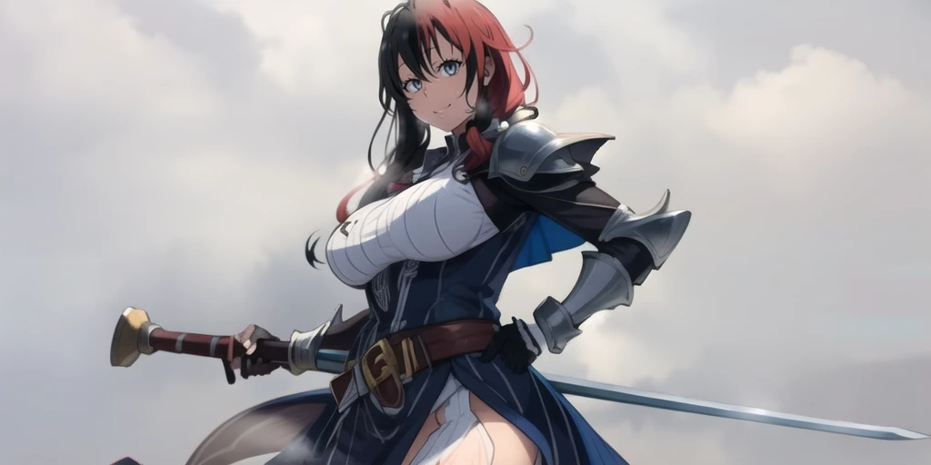 yukinoshita yukino, long hair, black hair, grey eyes, makeup, curvy, anatomically correct, heavy breathing, huge breasts, sword, weapon, 1girl, solo, armor, long_hair, sheath, breasts, hand_on_hip, belt, large_breasts, grey_background, shoulder_armor, pauldrons, gloves, holding, (shaded face:1.2), hollow eyes, grey eyes, looking at viewer, seductive smile, mole under mouth, makeup, lips, sweating,