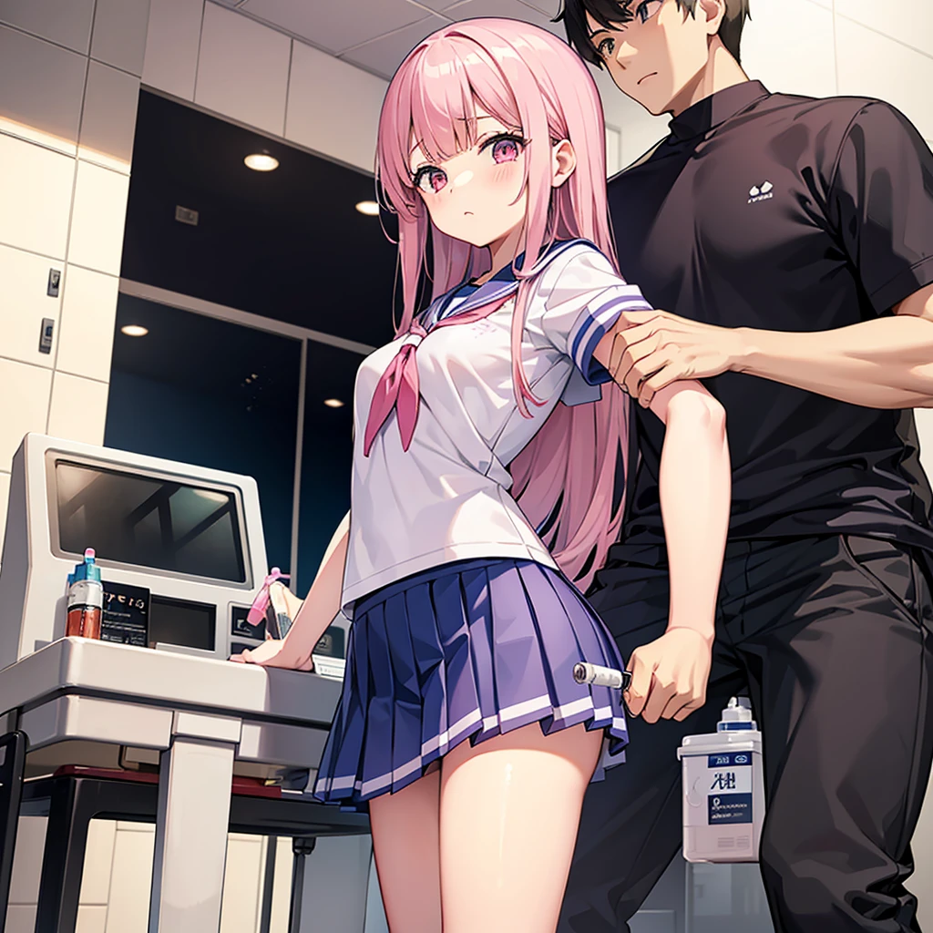 A pink-haired high school girl in a sailor uniform receives a vaccination、The man grabbed his arm、Take the syringe and stick it into your upper arm.。.