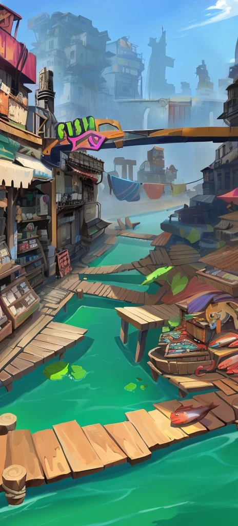 Cartoon illustration of a city with a river and a bridge, Underwater Market, stylized concept art, Fishing Village, Game concept art, 以Game concept art形式进行绘制, Conceptual art for video games, 风景Game concept art, Stylized game art, environment design illustration, Fishing Village, environment painting, background technology, Concept Art 4K Detailed HD Close-up with octopus