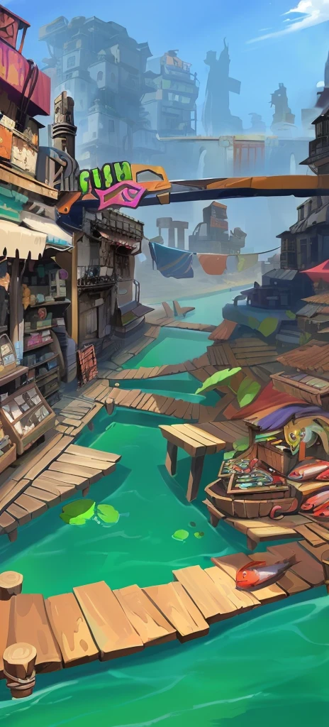 Cartoon illustration of a city with a river and a bridge, Underwater Market, stylized concept art, Fishing Village, Game concept art, 以Game concept art形式进行绘制, Conceptual art for video games, 风景Game concept art, Stylized game art, environment design illustration, Fishing Village, environment painting, background technology, Concept Art 4K Detailed HD Close-up with octopus 