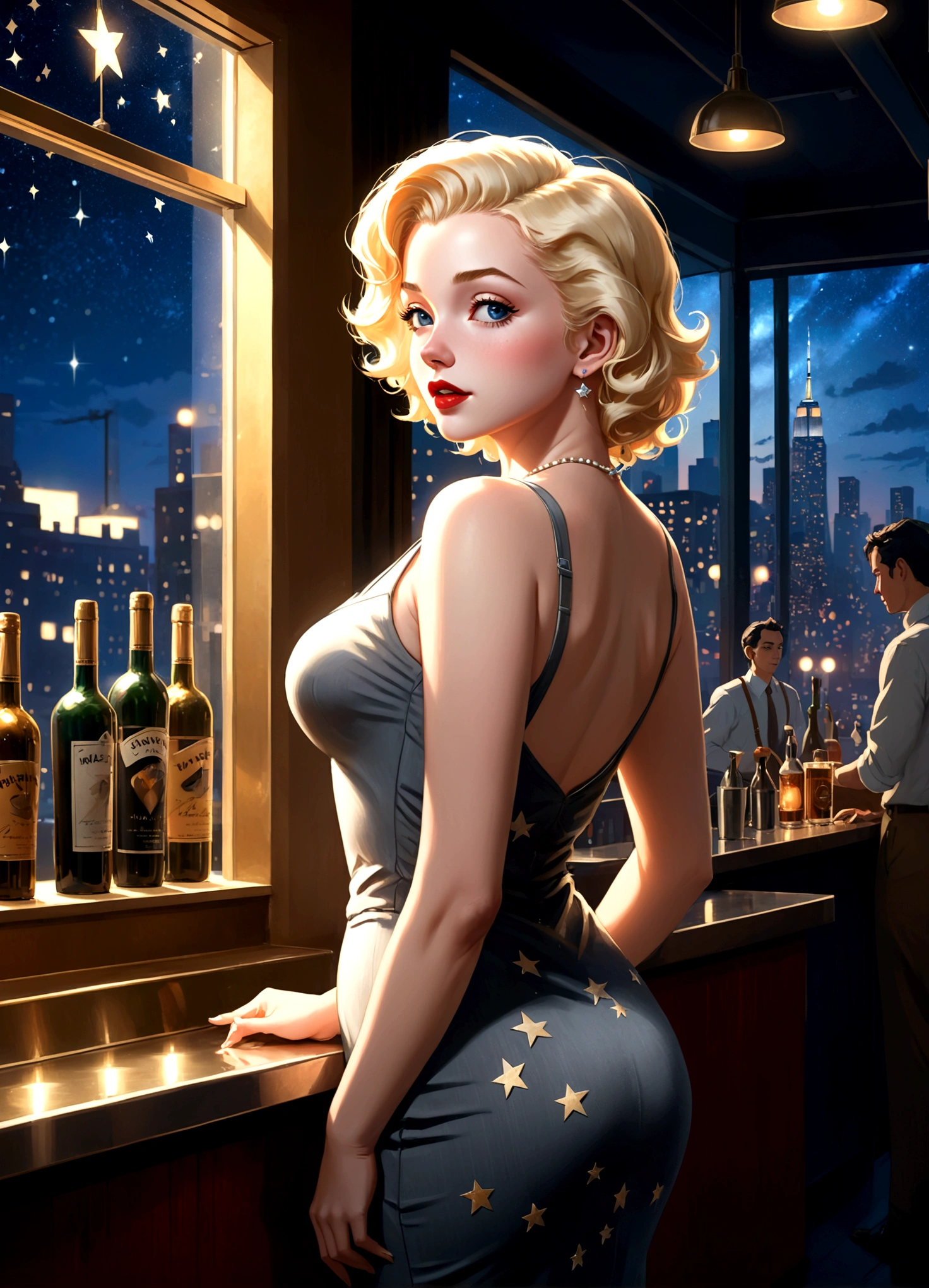 Uses Makoto Shinkai'The depiction is perfect,Portrait of Marilyn Monroe,8k 4k masterpiece photo ,new york,Glass ceiling jazz bar,I can see the twinkling stars through the glass window.,that'Outside in the dark night,Jazz is playing,Profile close-up,Beautiful profile,Semi-long hair,Blonde,Look in a different direction,Standing alone at the counter,Tight fitting grey tank top dress,Large bust