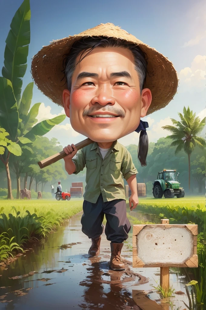 cartoon man walking in a muddy field with Bring a hoe,  With a wooden plank stuck in front of him, caricature illustration, farmer, caricature style, japanesse farmer, cartoon portrait, caricature, cartoon digital painting, caricature!!!, south east asian with round face, cartoon artstyle, potrait, cartoon digital art, digital cartoon painting art, do hoang tuong artwork, big head