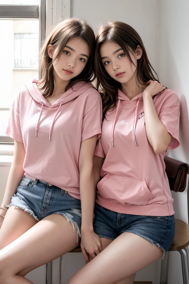 deux femmes ensemble de 18 ans sexy et mince , pink short sleeve hoodie , salle de classe, se touche,position sey,sensuel