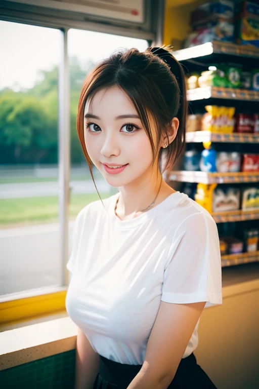 a gorgeous lady, age 22, white T-shirt, pleated mini-skirt, crawling in a convenience store, shy expression, dimples, cute snaggle-tooth, short hair ponytail, photorealistic, beautiful detailed face, beautiful detailed eyes, ample round bosom, hyper-realism, high contrast, ultra HD, realistic skin textures, top image quality, top-quality, super high resolution, fine details, very meticulously, masterpiece, head to thigh, romantic feel, bokeh background