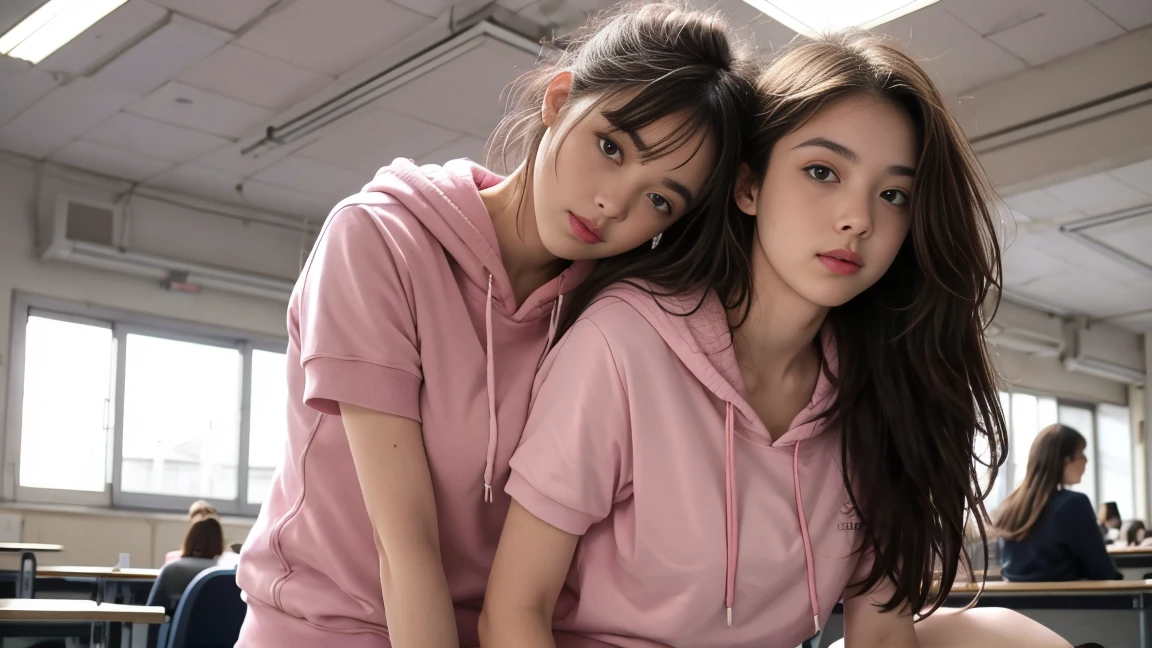 deux femmes ensemble de 18 ans sexy et mince , pink short sleeve hoodie , salle de classe, se touche,position sey,sensuel