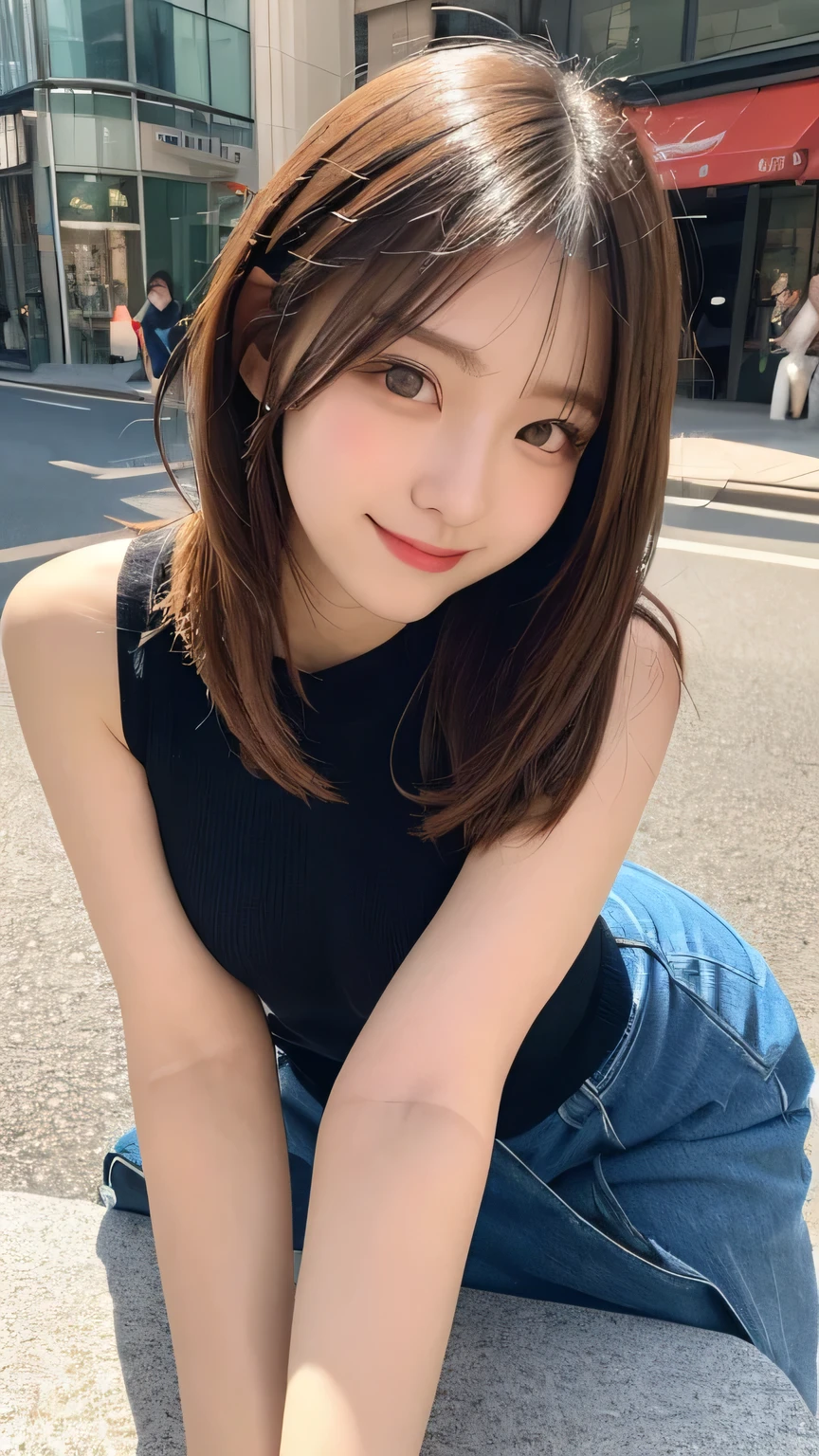 On the table, Highest quality, shape, Very detailed, Finer details, High resolution, 8k wallpaper, Perfect dynamic composition, Beautiful and delicate eyes, pain,Medium Hair, Big Breasts, Natural color lips, Casual and sexy pose,smile,Aoyama Pedestrian Street、Sleeveless dress、20-year-old girl、Slim shape