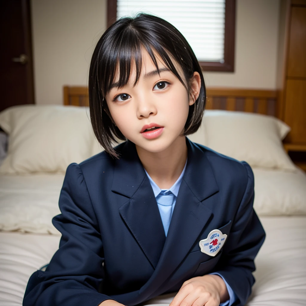 Best-quality, Masterpiece, Ultra-High-Resolution, (Photorealistic:1.4), Raw-Photo, 1girl, 12-years-old, the most famous Japanese idol, wearing only Japanese high-school uniform with cute design, at midnight, sitting on bed, face-focus, extremely cute face like a most popular Japanese idol, extremely beautiful big-black-eyes, extremely beautiful black-short-cut-haired, extremely beautiful long-eyelashes, extremely beautiful lips, extremely beautiful skins, ((reaching intense orgasm):1.5), detailed Japanese-high-school-uniform-with-cute-design
