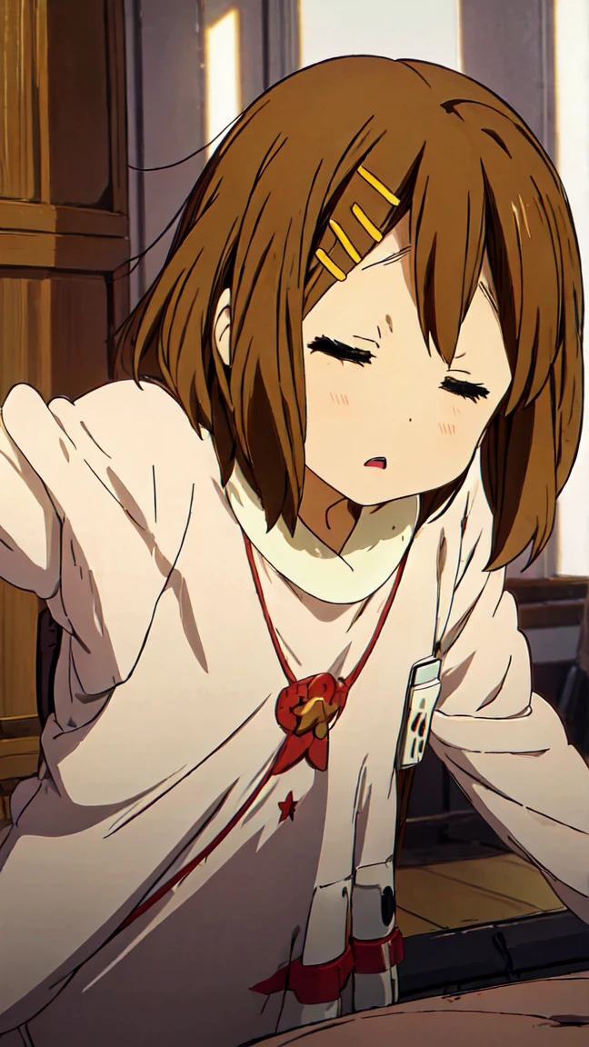 ((nude))score_9, score_8_up, score_7_up, source_anime, asukalangley, asuka langley soryu, long hair, bangs, brown hair, hair ornament, hospital gown, indoors, hospital, lying on back, sleeping, hospital bed, closed eyes, looking at viewer, dutch angle, cowboy shot,