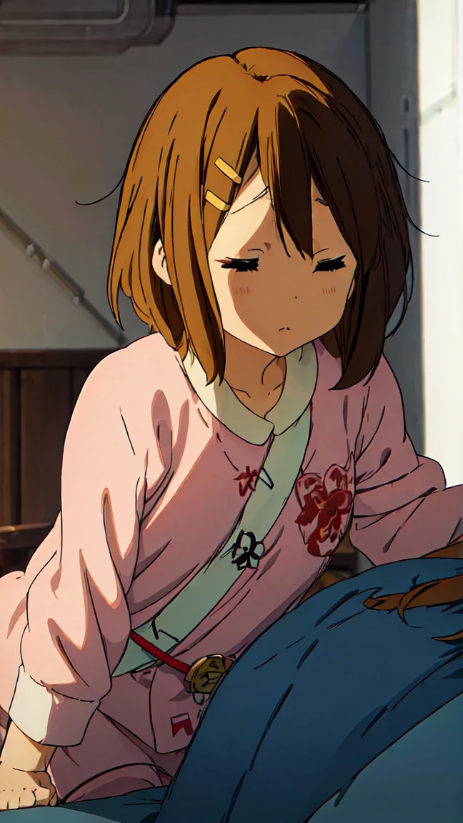  ((nude))score_9, score_8_up, score_7_up, source_anime, asukalangley, asuka langley soryu, long hair, bangs, brown hair, hair ornament, hospital gown, indoors, hospital, lying on back, sleeping, hospital bed, closed eyes, looking at viewer, dutch angle, cowboy shot,