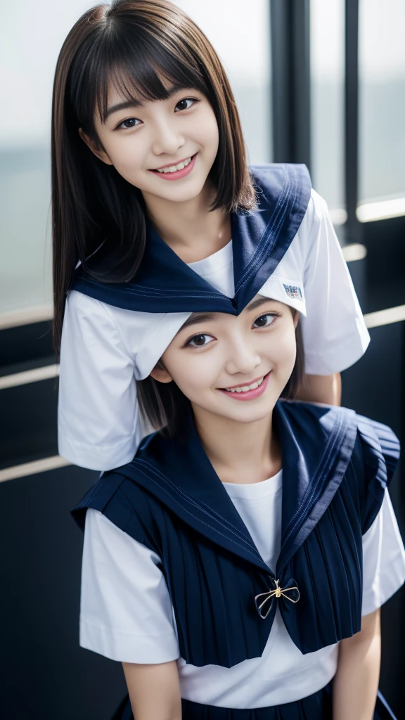 Close up of woman posing for photo, Japanese Models, Beautiful Asian Girl, 18-year-old female model, 4K、bangss、A dark-haired、bob、Middle hair、Straight hair、(white shirt, Sailor , Dark blue pleated skirt:1.2), (Super cute face in idol style:1.2)、slim and beautiful figure、Beautiful breasts、A smile、