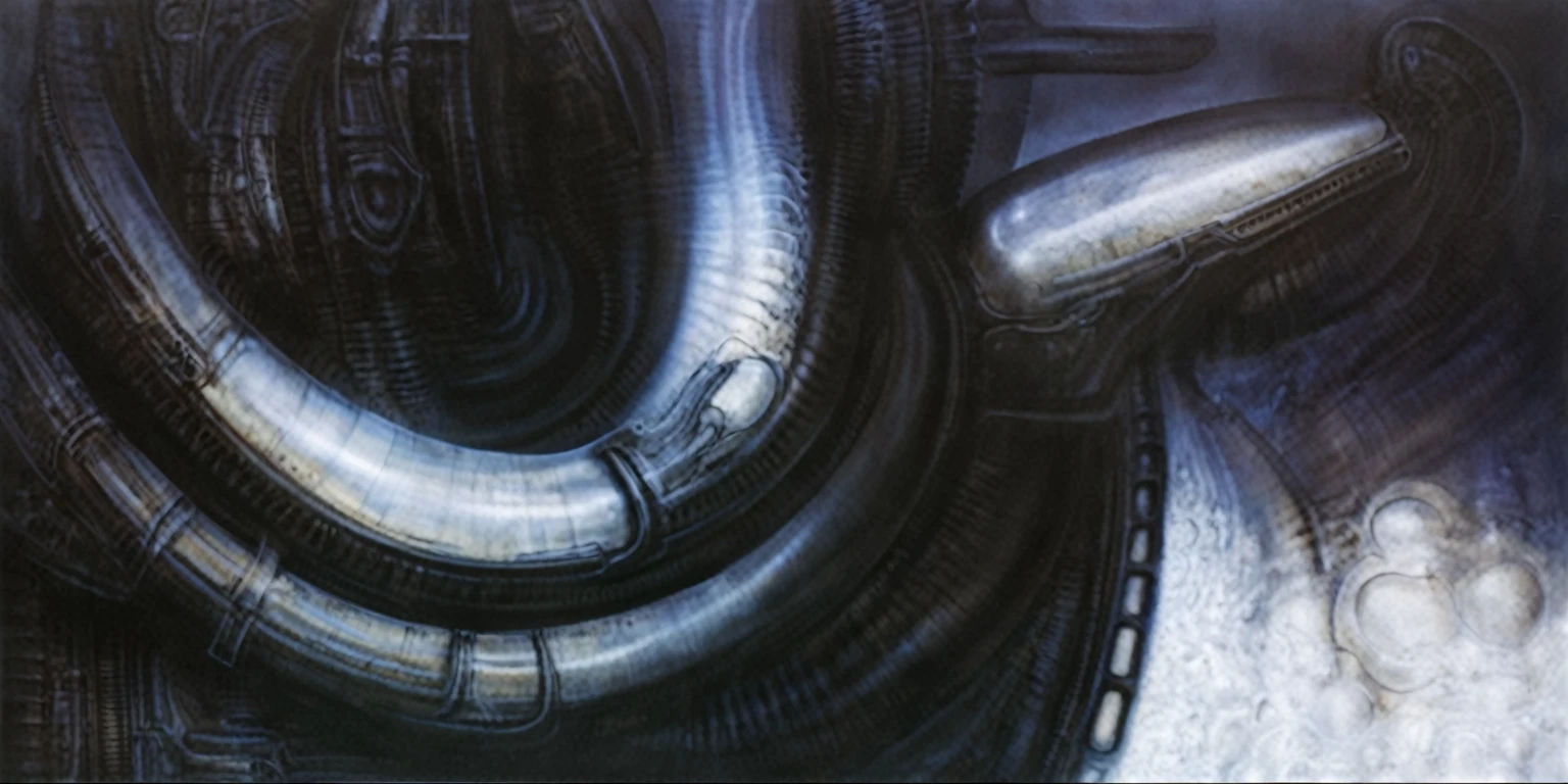 g1g3r, xGiger, The image is a detailed view of H.R. Giger's \" Biomechanical Landscape No II \" plate, featuring a complex network of bones and organs in a purple-brown hue ,swirling gray and brown colors. The artwork is silver and purplish brown, with an ivory bones prominently displayed. The image is highly detailed and intricate, almost like a 3d version of a medical diagram (detailed view of an anatomy model, possibly of a human body, with transparent organs and bones exposed). The piece has a thick mechano-organic texture and is covered in fine details. The image has a swirling, organic quality to it. The artistic manner would be unmistakably Gigeresque. A dark and unsettling beauty would permeate the piece, blurring the lines between fascination and repulsion , forever haunted by the grotesque allure. Giger's signature artistic manner would be evident in every stroke. The airbrush would be wielded with masterful precision to create a hyperrealistic yet nightmarish aesthetic.
The texture of ivory with signs of burning and fossilization can be seen in the mix of smooth and rough brushstrokes. By Peter mohrbacher, ooze soaked pajama top