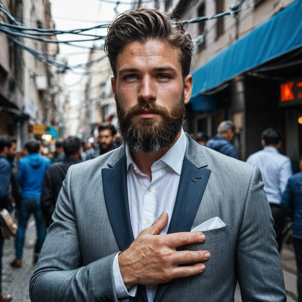 RAW photo, full body portrait of a beautiful man with a beard in a grey suite, he stands in a crowded street with tangled power cables, full sharp, detailed face, blue eyes, (high detailed skin:1.2), 8k uhd, dslr, soft lighting, high quality, film grain, Fujifilm XT3 dappled light on face, pale skin, skin pores, oiled shiny skin, skin blemish, imperfect skin, intricate skin details, visible skin detail, detailed skin texture, blush, wrinkles, vitiligo spots, moles, whiteheads, blackhead, white pimples, red pimples, beauty spot, skin fuzz, [[[[[freckles]]]]] (perfect eyes), ((perfect hands with four fingers and one thumb each))