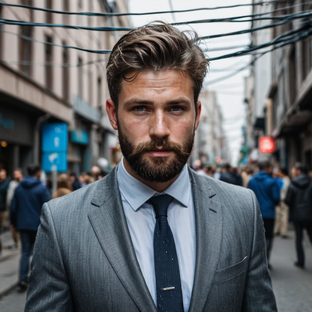 RAW photo, full body portrait of a beautiful man with a beard in a grey suite, he stands in a crowded street with tangled power cables, full sharp, detailed face, blue eyes, (high detailed skin:1.2), 8k uhd, dslr, soft lighting, high quality, film grain, Fujifilm XT3 dappled light on face, pale skin, skin pores, oiled shiny skin, skin blemish, imperfect skin, intricate skin details, visible skin detail, detailed skin texture, blush, wrinkles, vitiligo spots, moles, whiteheads, blackhead, white pimples, red pimples, beauty spot, skin fuzz, [[[[[freckles]]]]] (perfect eyes), ((perfect hands with four fingers and one thumb each))