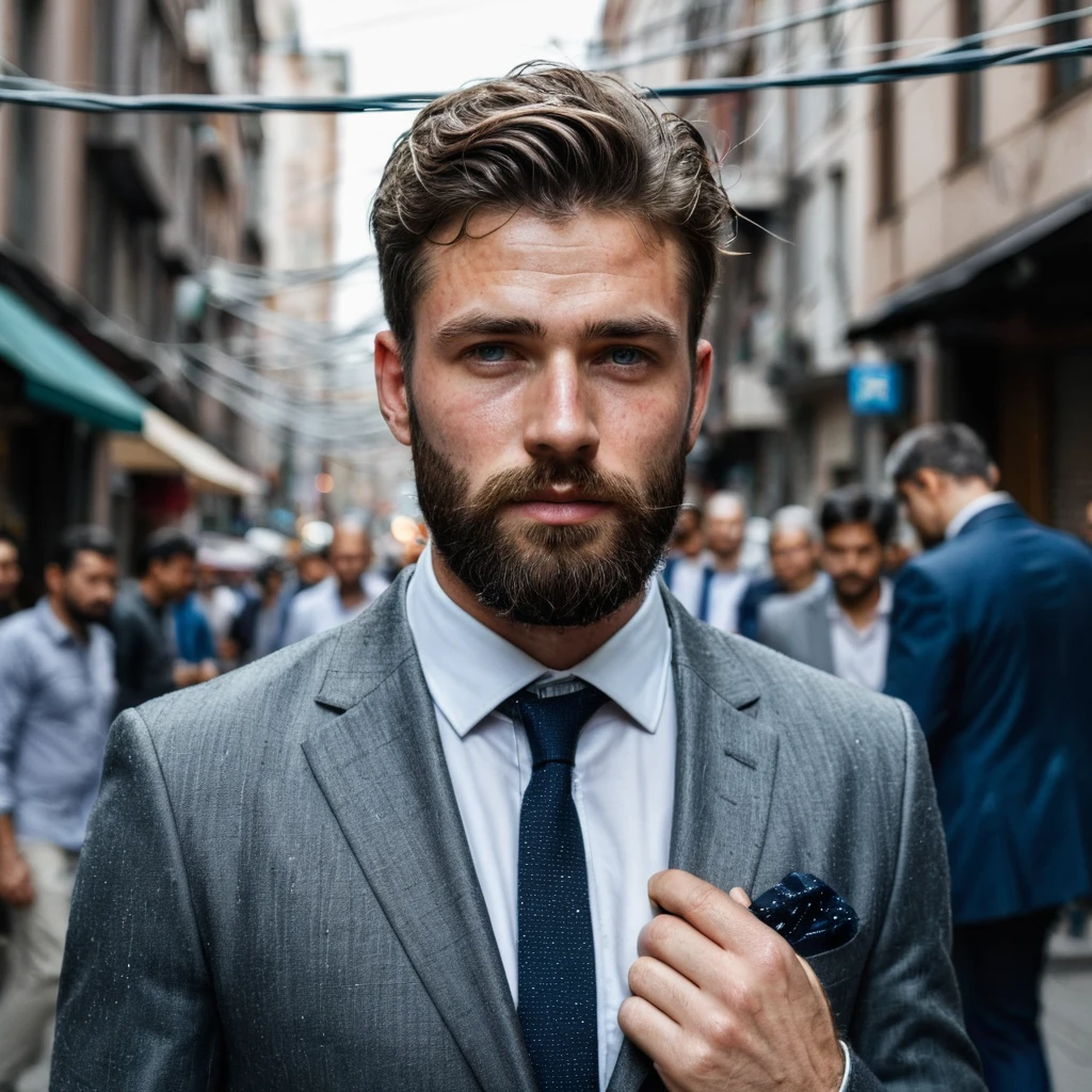 RAW photo, full body portrait of a beautiful man with a beard in a grey suite, he stands in a crowded street with tangled power cables, full sharp, detailed face, blue eyes, (high detailed skin:1.2), 8k uhd, dslr, soft lighting, high quality, film grain, Fujifilm XT3 dappled light on face, pale skin, skin pores, oiled shiny skin, skin blemish, imperfect skin, intricate skin details, visible skin detail, detailed skin texture, blush, wrinkles, vitiligo spots, moles, whiteheads, blackhead, white pimples, red pimples, beauty spot, skin fuzz, [[[[[freckles]]]]] (perfect eyes), ((perfect hands with four fingers and one thumb each))