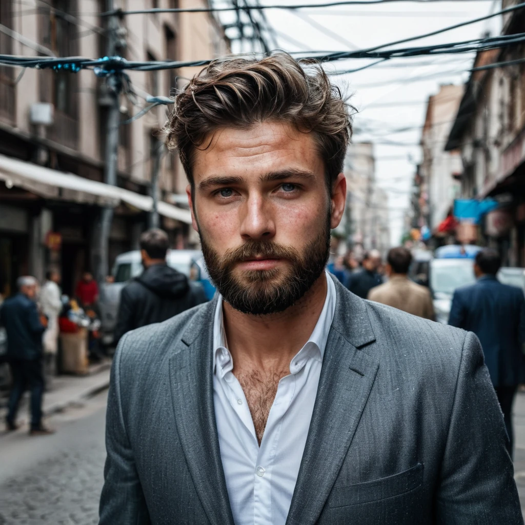 RAW photo, full body portrait of a beautiful man with a beard in a grey suite, he stands in a crowded street with tangled power cables, full sharp, detailed face, blue eyes, (high detailed skin:1.2), 8k uhd, dslr, soft lighting, high quality, film grain, Fujifilm XT3 dappled light on face, pale skin, skin pores, oiled shiny skin, skin blemish, imperfect skin, intricate skin details, visible skin detail, detailed skin texture, blush, wrinkles, vitiligo spots, moles, whiteheads, blackhead, white pimples, red pimples, beauty spot, skin fuzz, [[[[[freckles]]]]] (perfect eyes), ((perfect hands with four fingers and one thumb each))