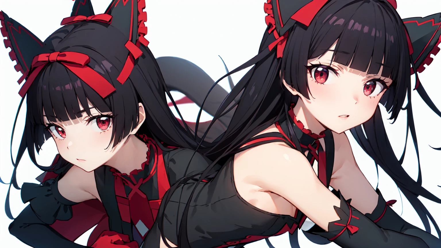 Rory Mercury, Rory Mercury, Black Hair, Blunt bangs, Hime cut, hair ornaments, Red lipstick, Long Hair, Cute face, compensate, (Small box:1.2), (Red eyes:1.5), break Gothic underwear, Perfect body (Small breasts:1.3), break in full growth, Red Shoes, break Black Stockings, Black Gloves break, Black thighs, Garter Straps, gloves, Gothic, Hair Ribbon, Gothicファッション, puffy Short sleeve, Puffy sleeves, Short sleeve, tights, tights, looks at the viewer, break (masterpiece:1.2), Highest quality, High resolution, unity 8k wallpaper, (Illustration:0.8), (Beautiful details in the eyes:1.6), Highly detailed face, Perfect lighting, Highly detailed CGI, (Perfect Arms, Perfect Anatomy), (white background:1.5), I have nothing in my hands, 1girl, whole body, Confused eyes