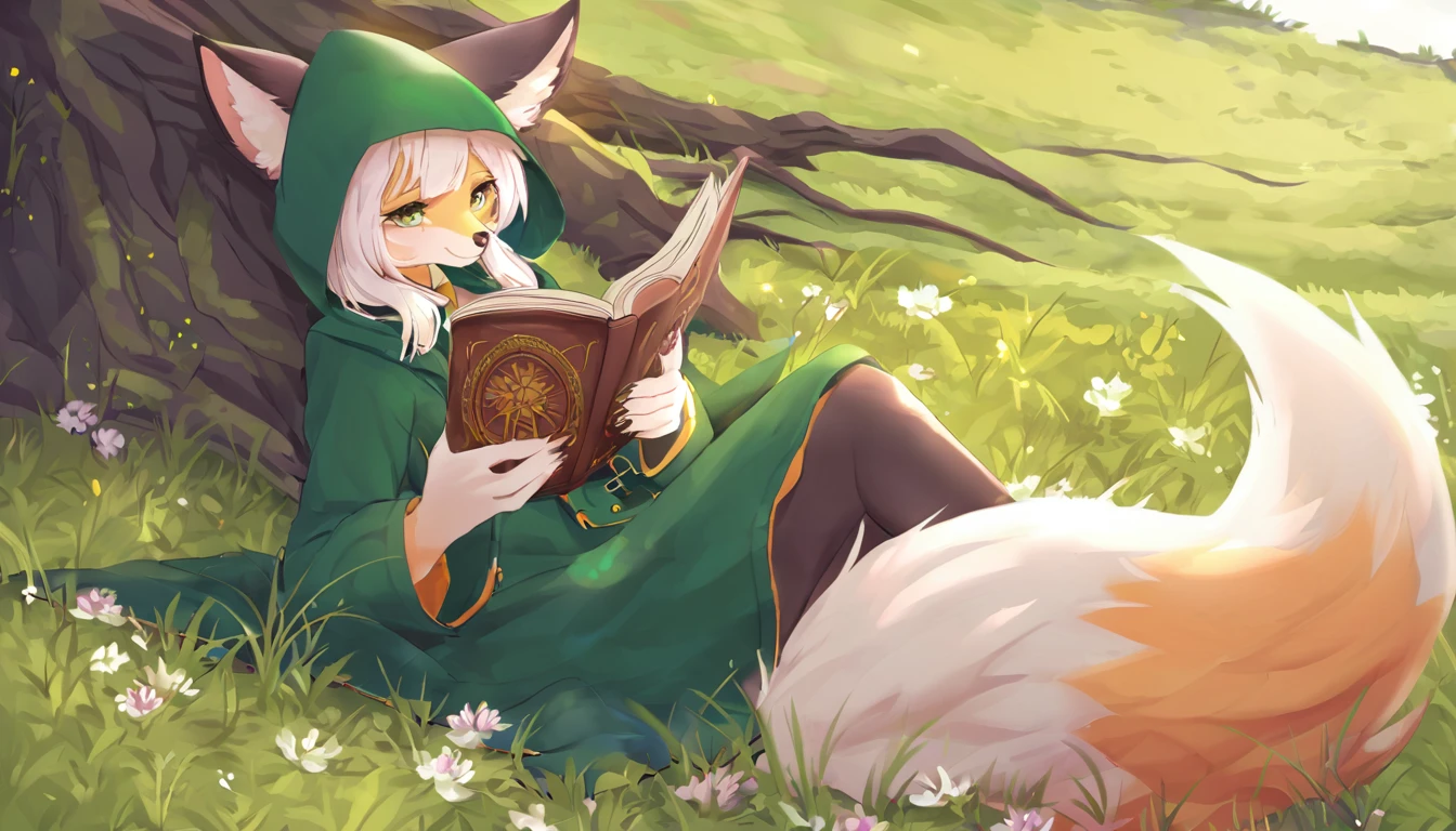 1girl, kemono, fox, furry, straight long white hair, green coat, (green hood down), animal hand, reading grimoire, sitting in the grassland, wind swept hair, twilight, looking at viewer