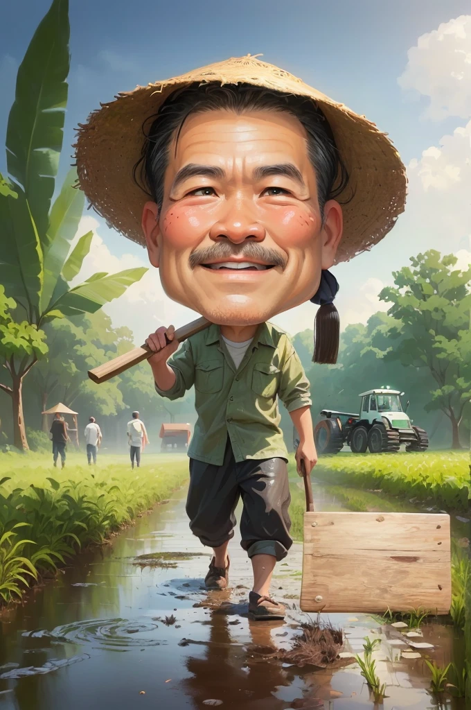 cartoon man walking in a muddy field with Bring a hoe, With a wooden plank stuck in front of him, caricature illustration, farmer, caricature style, japanesse farmer, cartoon portrait, caricature, cartoon digital painting, caricature!!!, south east asian with round face, cartoon artstyle, potrait, cartoon digital art, digital cartoon painting art, do hoang tuong artwork, big head
